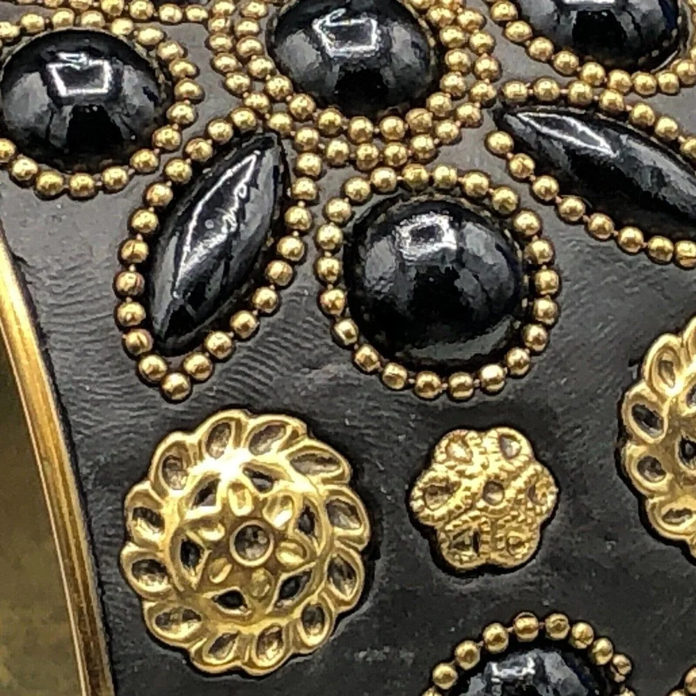 Handmade Artisan‎ Brass Floral Bracelet Ornamental Beads Black Resin Cuff Bangle